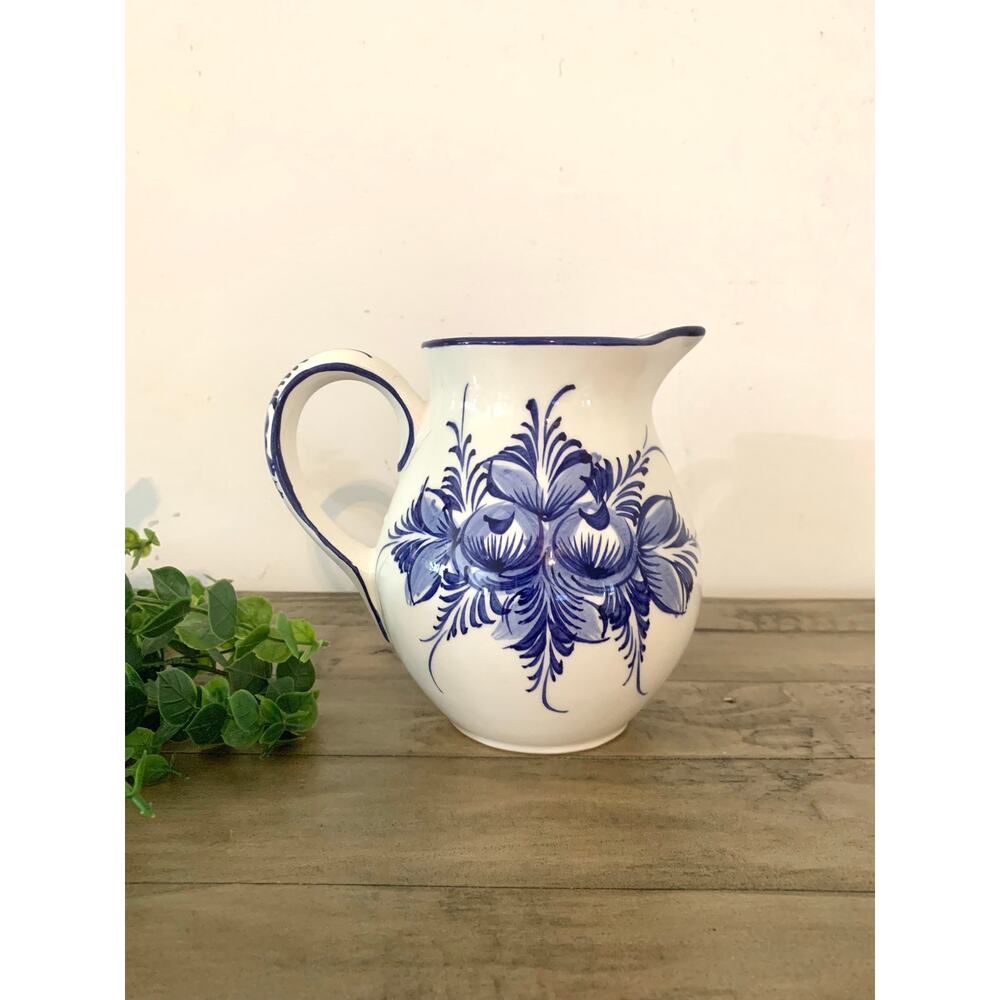 Vintage Blue & White Floral Pitcher Hand Painted Portugal Ceramic Vase Cottage